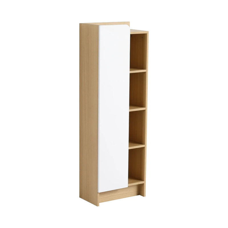 Tall Freestanding Bathroom Side Cabinet With Single Door & 4 Tier Open Shelves - Black / Light Oak / White by HouseOfZazla