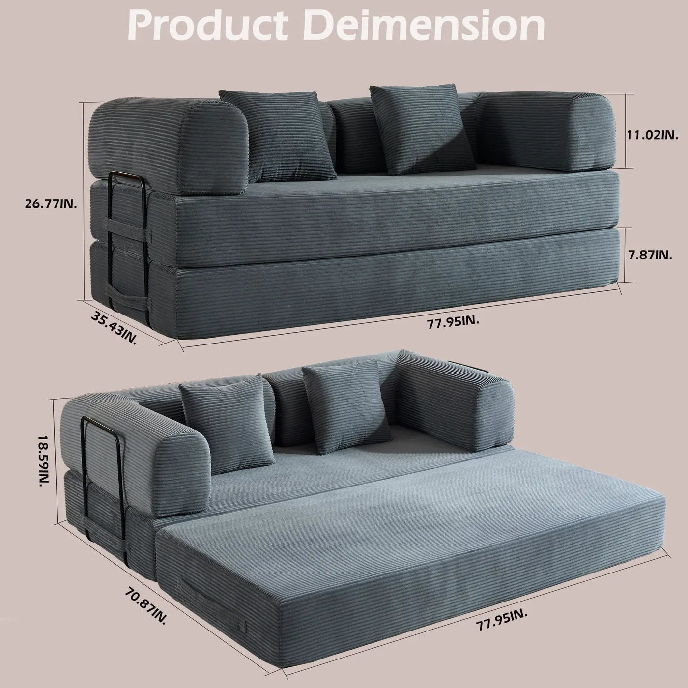 Convertible Sleeper Sofa Bed With Cylindrical Pillow, With Fixed Shape Frame by Unique Piece Furniture