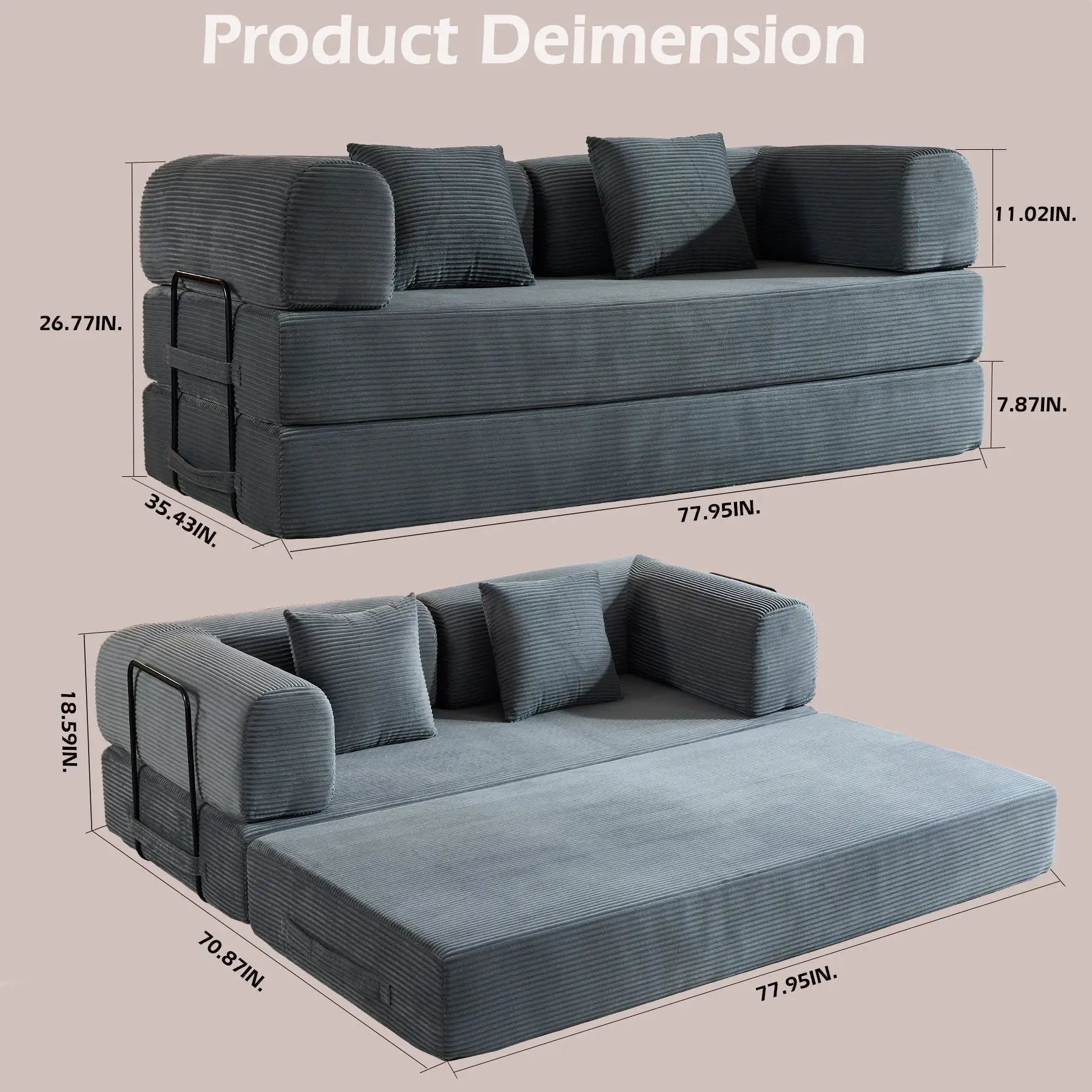 Convertible Sleeper Sofa Bed With Cylindrical Pillow, With Fixed Shape Frame by Unique Piece Furniture