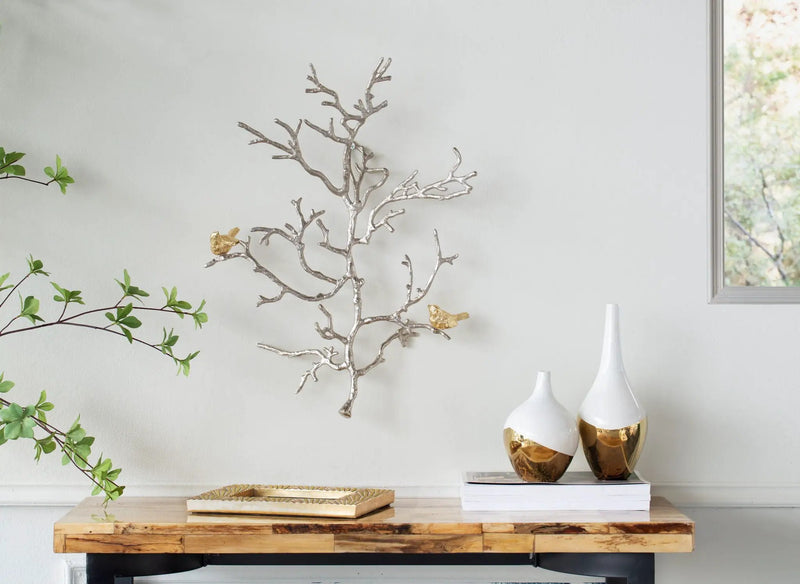 Metal Branch Wall Sculptures With Bird Accents (Set of 2) - Silver Multi by Unique Piece Furniture