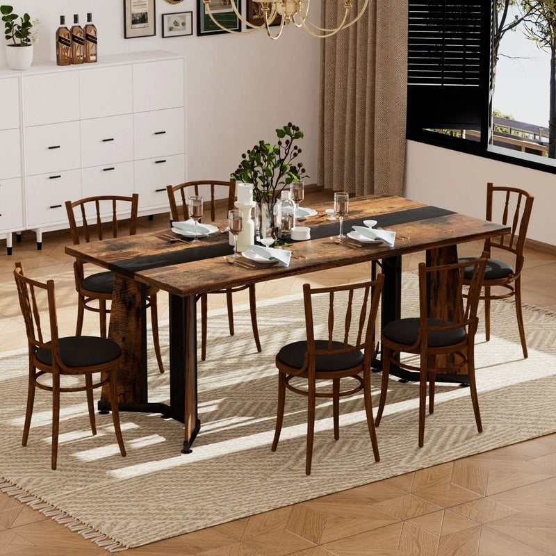 Rustic Rectangular Large Dining Table, Waterproof Desk For 8 People, & Steel With Adjustable Legs - Black / Rustic Brown by Unique Piece Furniture