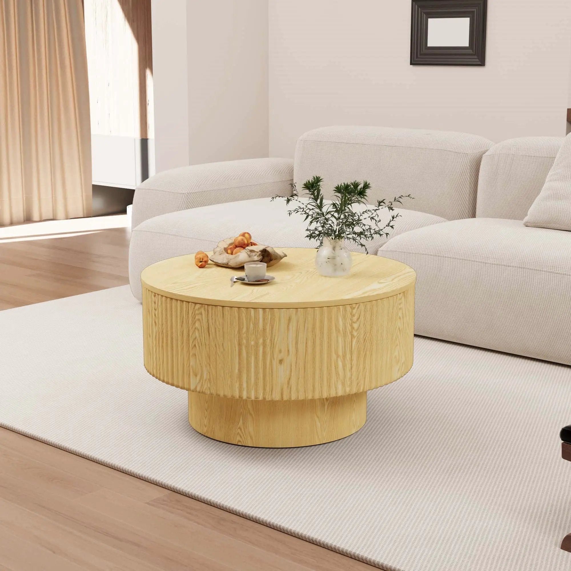 Round Coffee Table With 2 Dining Chairs Set, Ring Striped Design - Beige / Wood by HouseOfZazla