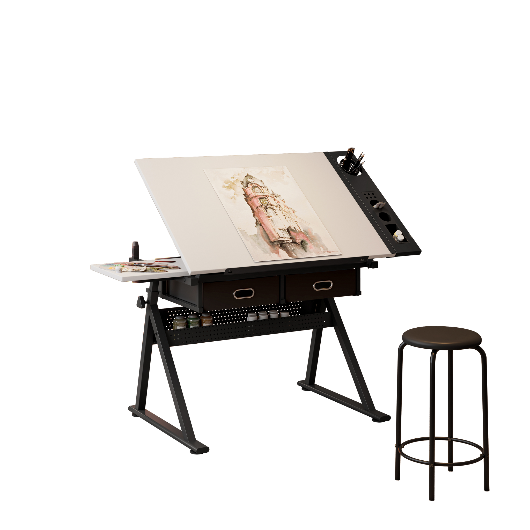 Adjustable Drawing Drafting Table Desk with 2 Drawers by HouseOfZazla