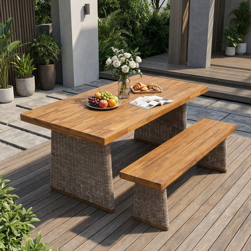 Outdoor Acacia Wood Dining Table Set with 1 Table and 1 Bench by HouseOfZazla