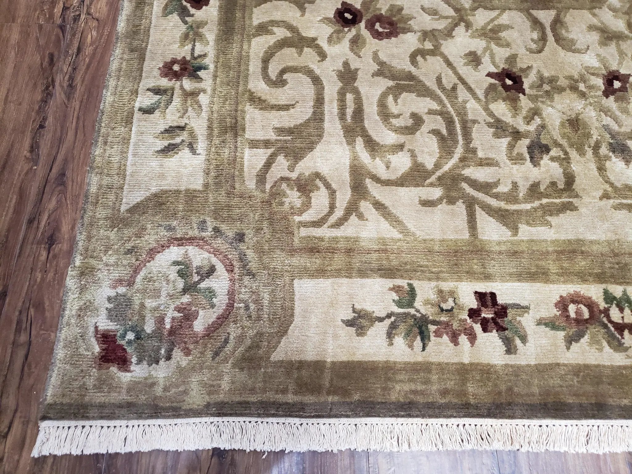 Vintage Nepali Tibetan Aubusson Rug 6x9, Wool Hand-Knotted Cream Beige Carpet, Leaves & Floral Pattern 6 x 9 Soft Area Rug Home Office Rug by Jewel Rugs