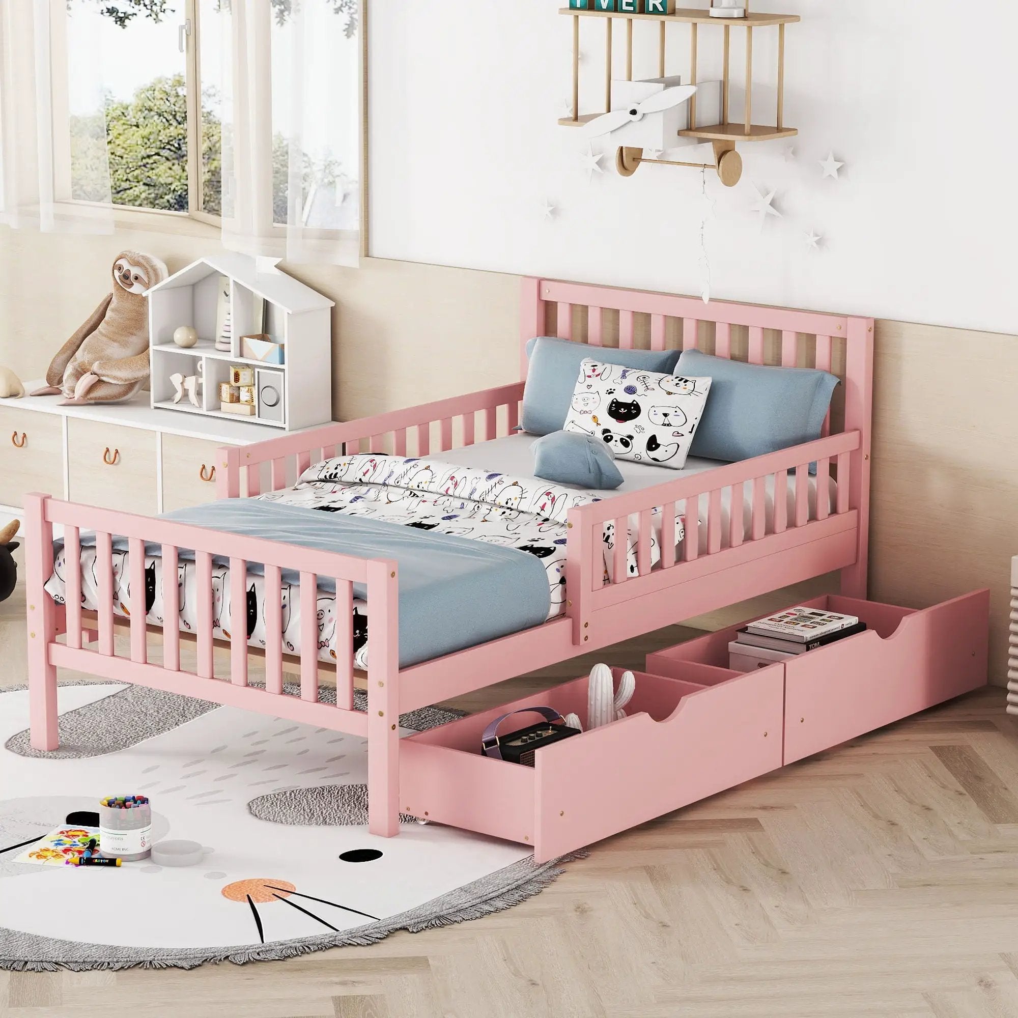 Platform Bed With Guardrails On Both Sides And 2 Storage Drawers by Unique Piece Furniture