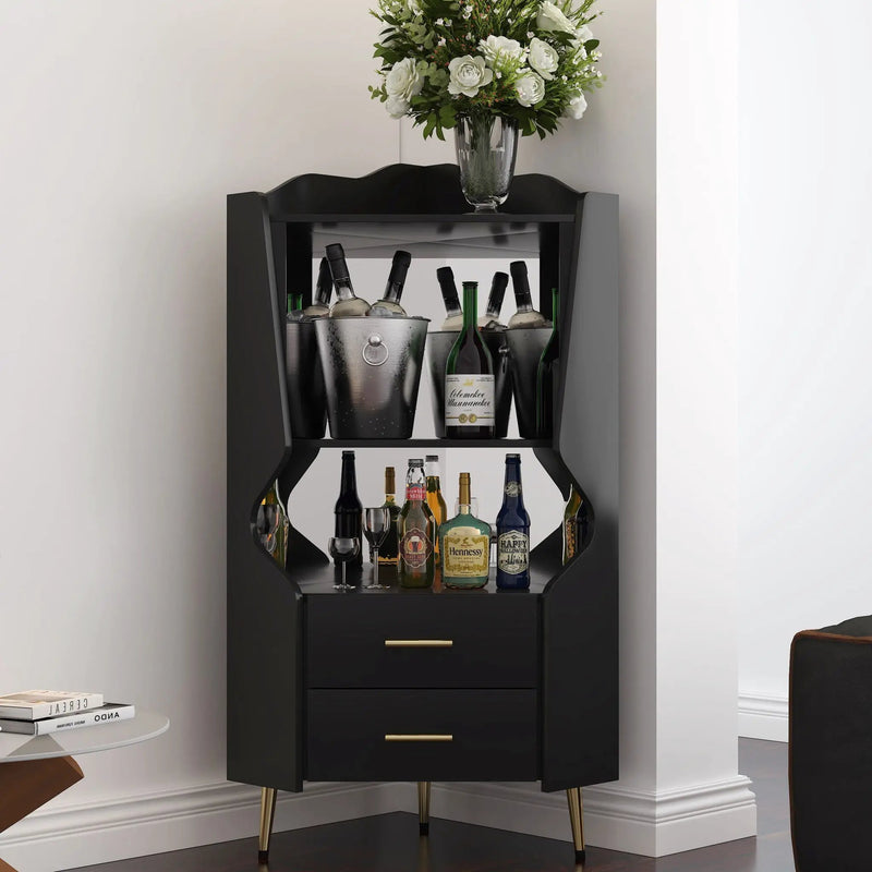 Corner Bar Cabinet With Mirrored Back, 2 Open Shelves & 2 Drawers by HouseOfZazla