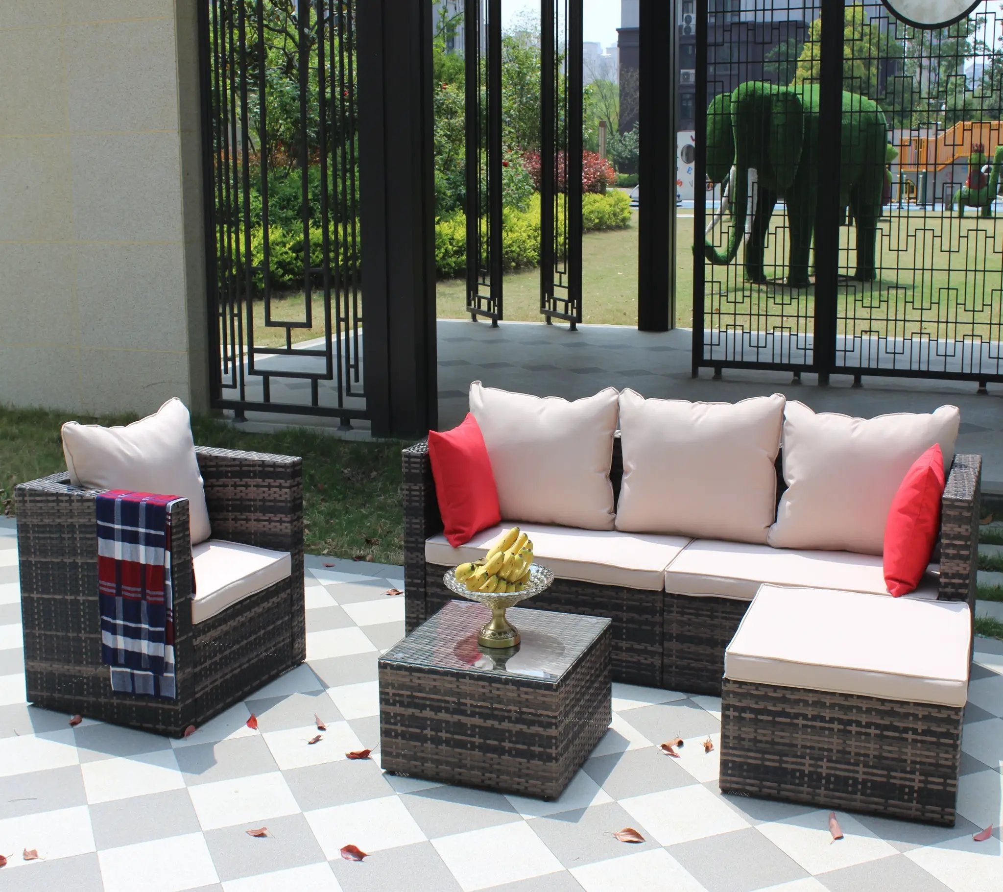 Rattan Patio Furniture Set Wicker Sofa Cushioned Sectional (4 Pieces, Brown) by HouseOfZazla