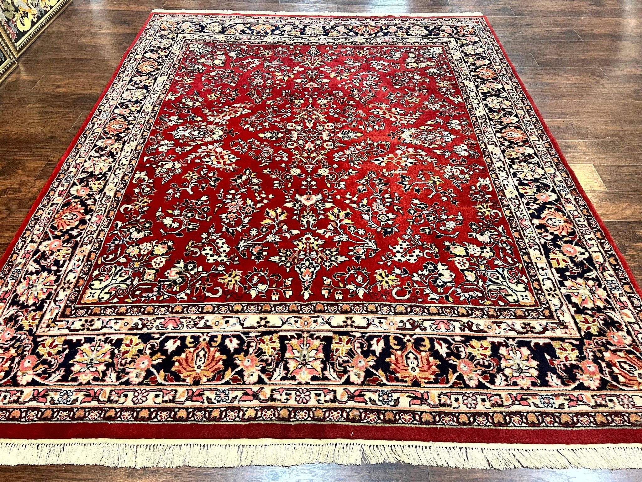Indo Persian Sarouk Rug 8x10, Red, Floral Allover, Handmade Vintage Wool Carpet, Traditional Rug by Jewel Rugs