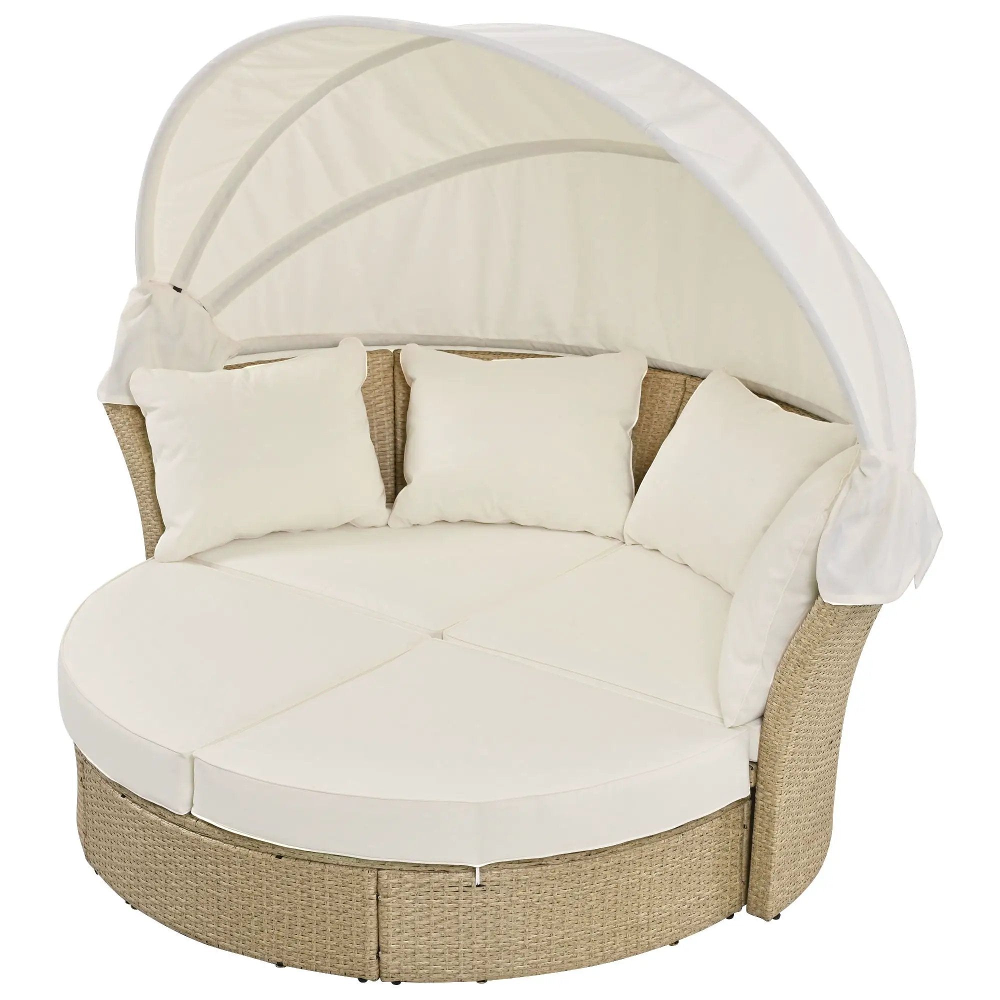 Outdoor Patio Daybed Wicker Rattan Double Daybed Round Sofa Furniture Set With Retractable Canopy, 4 Pillows For Lawn Garden by HouseOfZazla