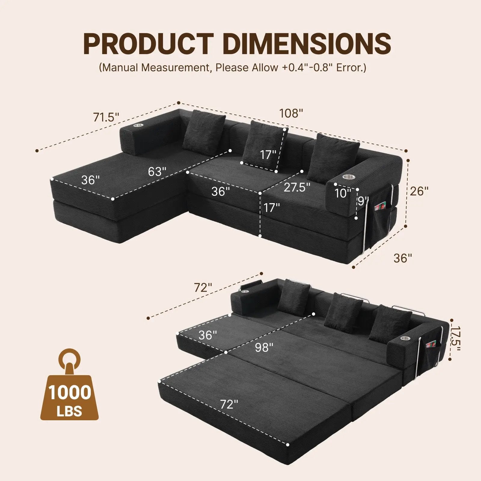 108" Modular Sectional Sofa with L-Shape Chaise by HouseOfZazla