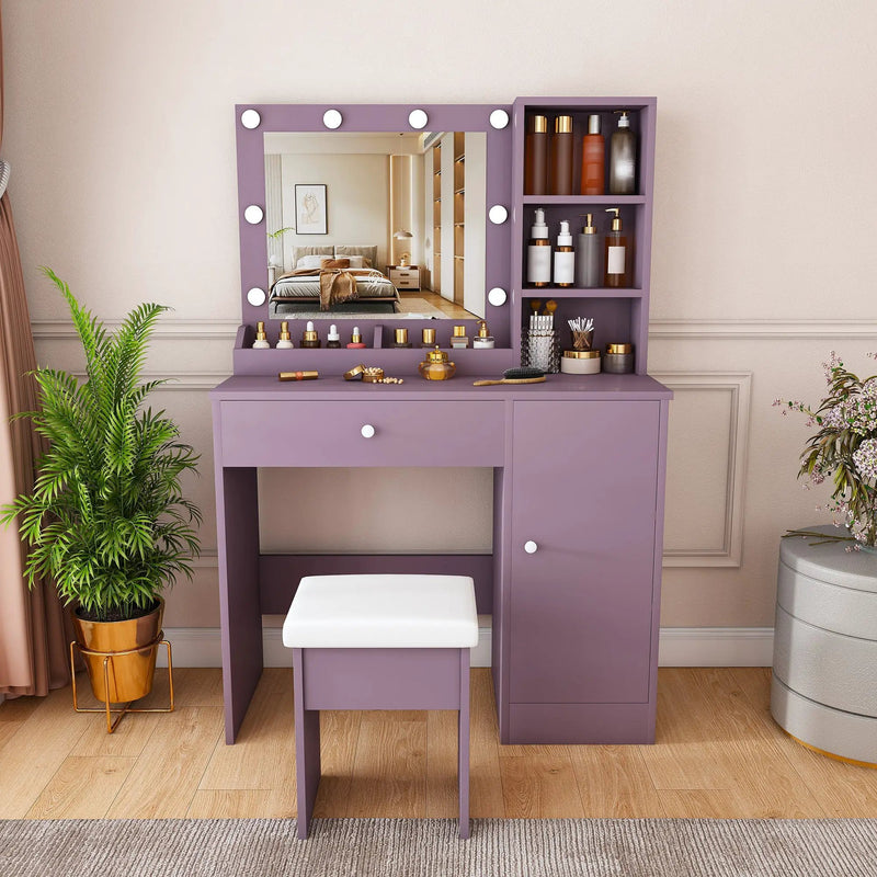 Stylish Vanity Desk Set with Padded Stool & Adjustable Lighted Mirror by HouseOfZazla
