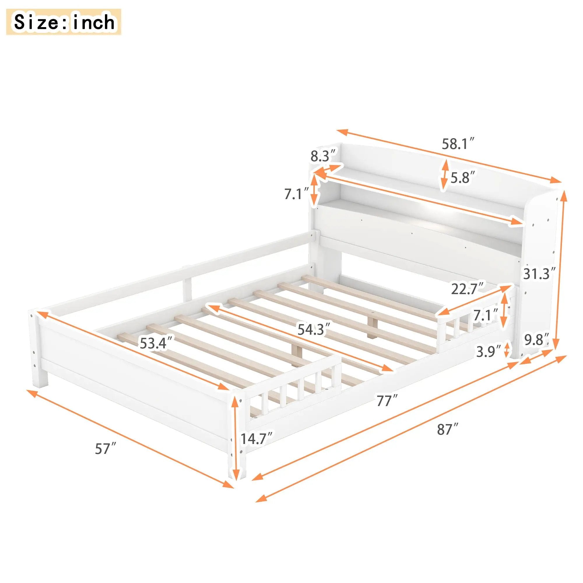 Wood Platform Bed With Built In LED Light, Storage Headboard And Guardrail