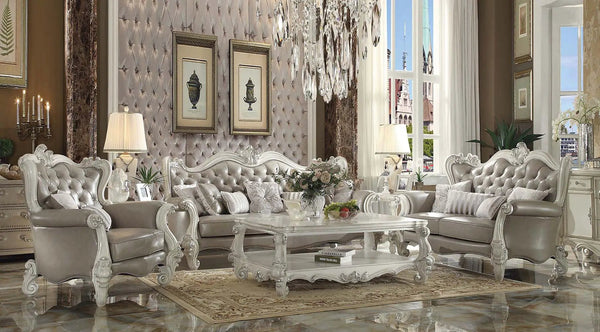 Versailles - Loveseat With 4 Pillows - Vintage Gray Synthetic Leather & Bone White