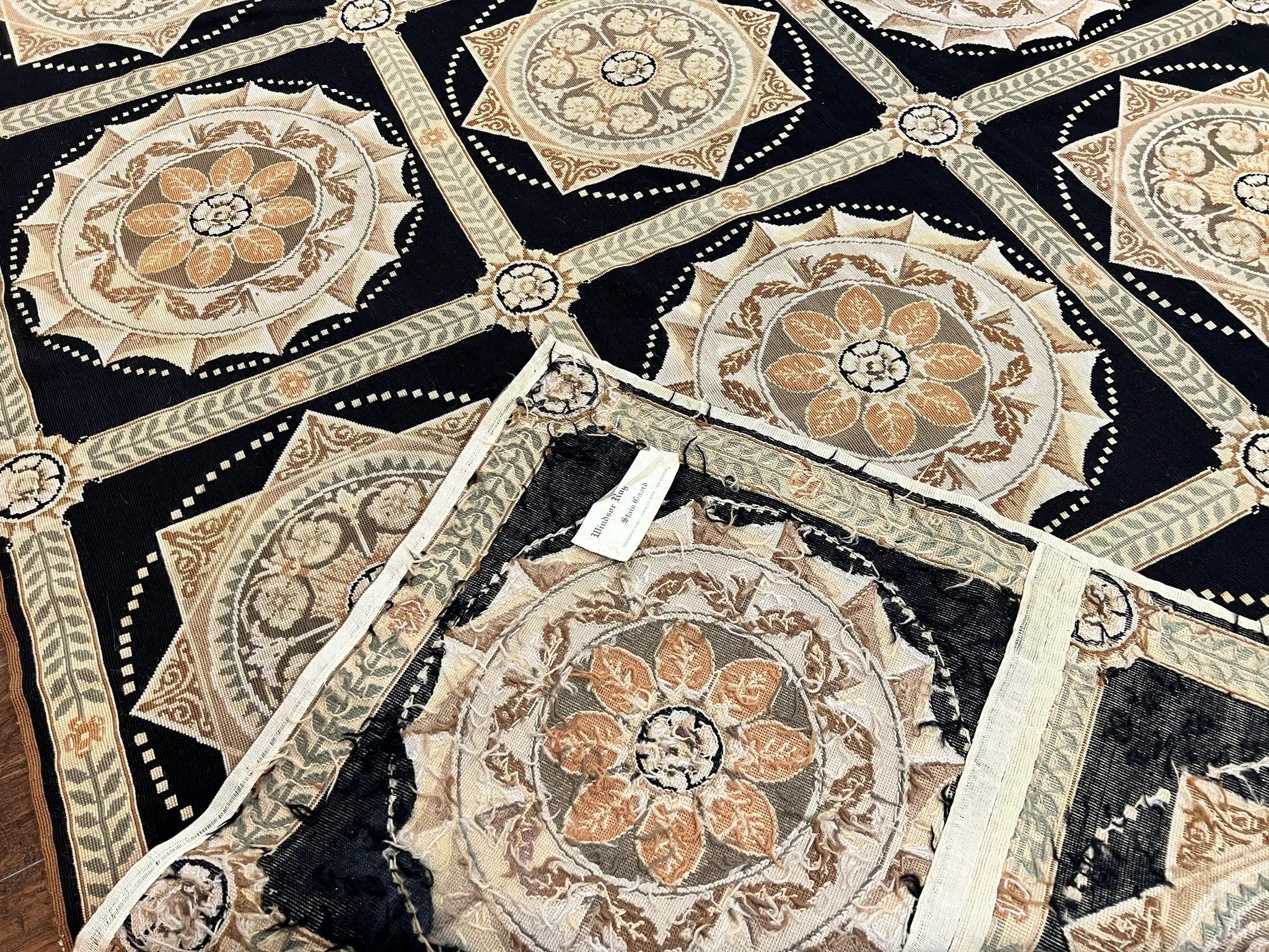 Needlepoint Rug 8x10, Black Tan Beige, Panel Design, Wool Handwoven Handmade Flatweave Needlepoint Carpet, Vintage French European Rug by Jewel Rugs
