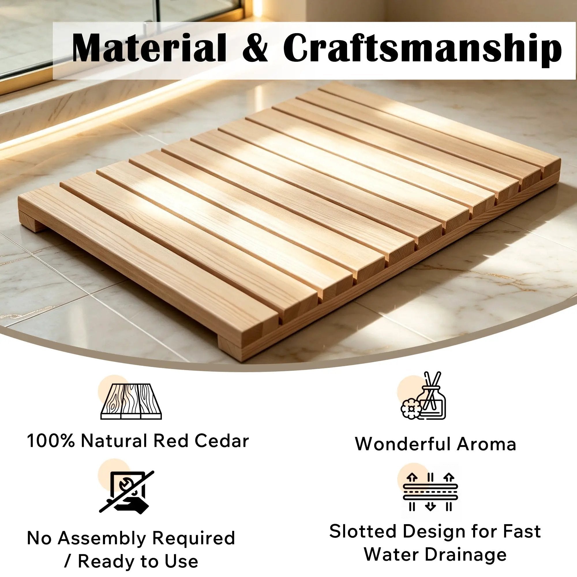 Cedar Wood Shower Mat - Non-Slip Slatted Bath Mat by HouseOfZazla