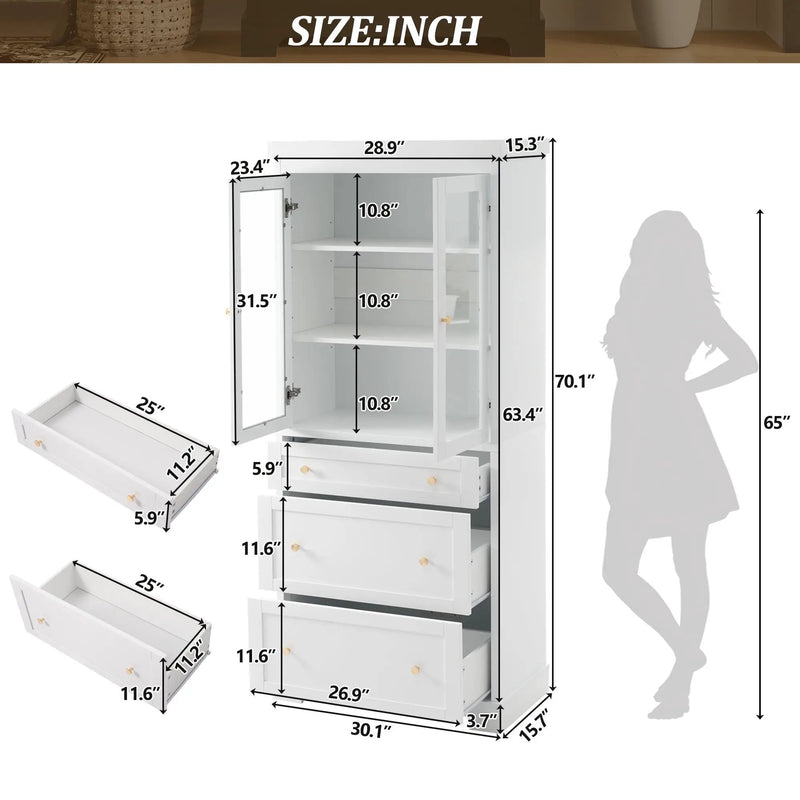 Freestanding Tall Bathroom Cabinet With Adjustable Shelves, Drawers, Soft Close Glass Doors by HouseOfZazla