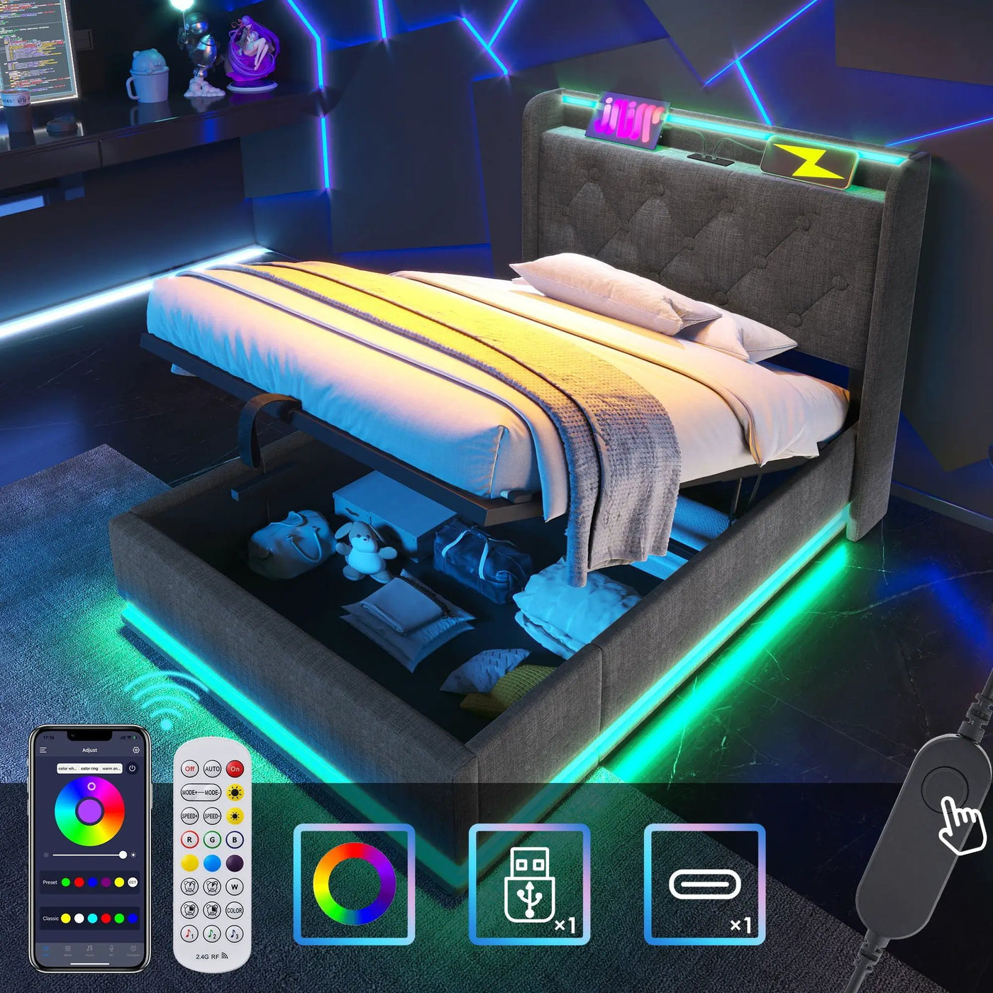 Upholstered Bed, 360 Surround LED Function, Remote Control, Hydraulic Storage Bed With USB, Type-C Charging (Without Mattress) by Unique Piece Furniture