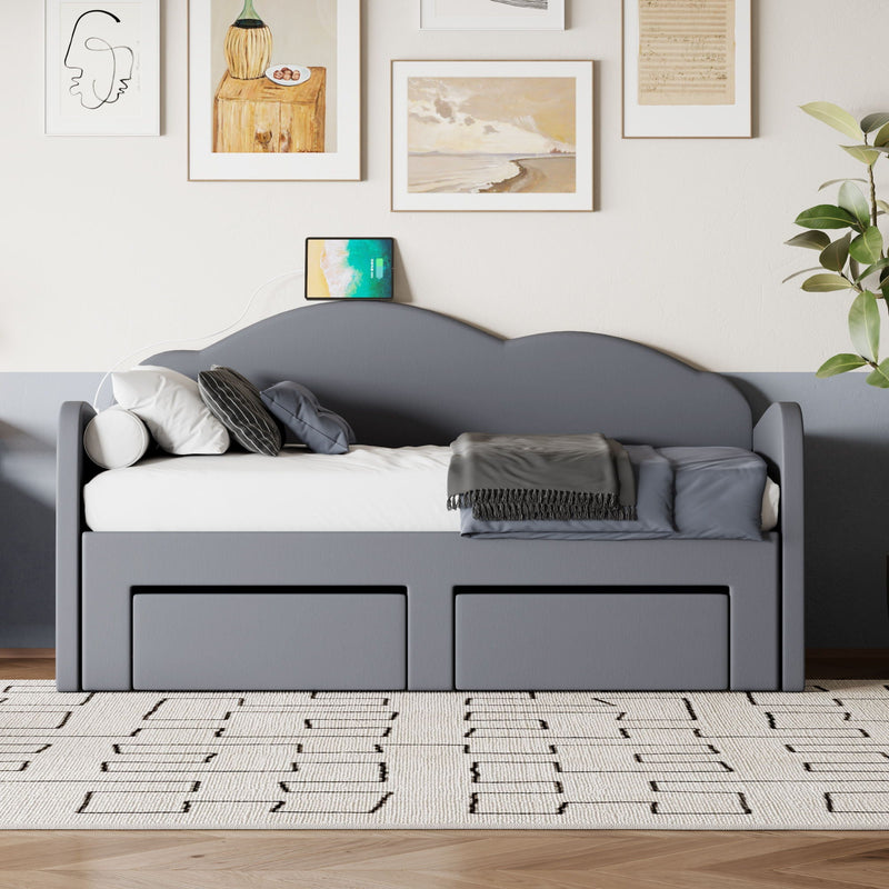 Upholstered Daybed With Cloud-Shaped Backrest, Trundle & 2 Drawers And USB Ports by HouseOfZazla