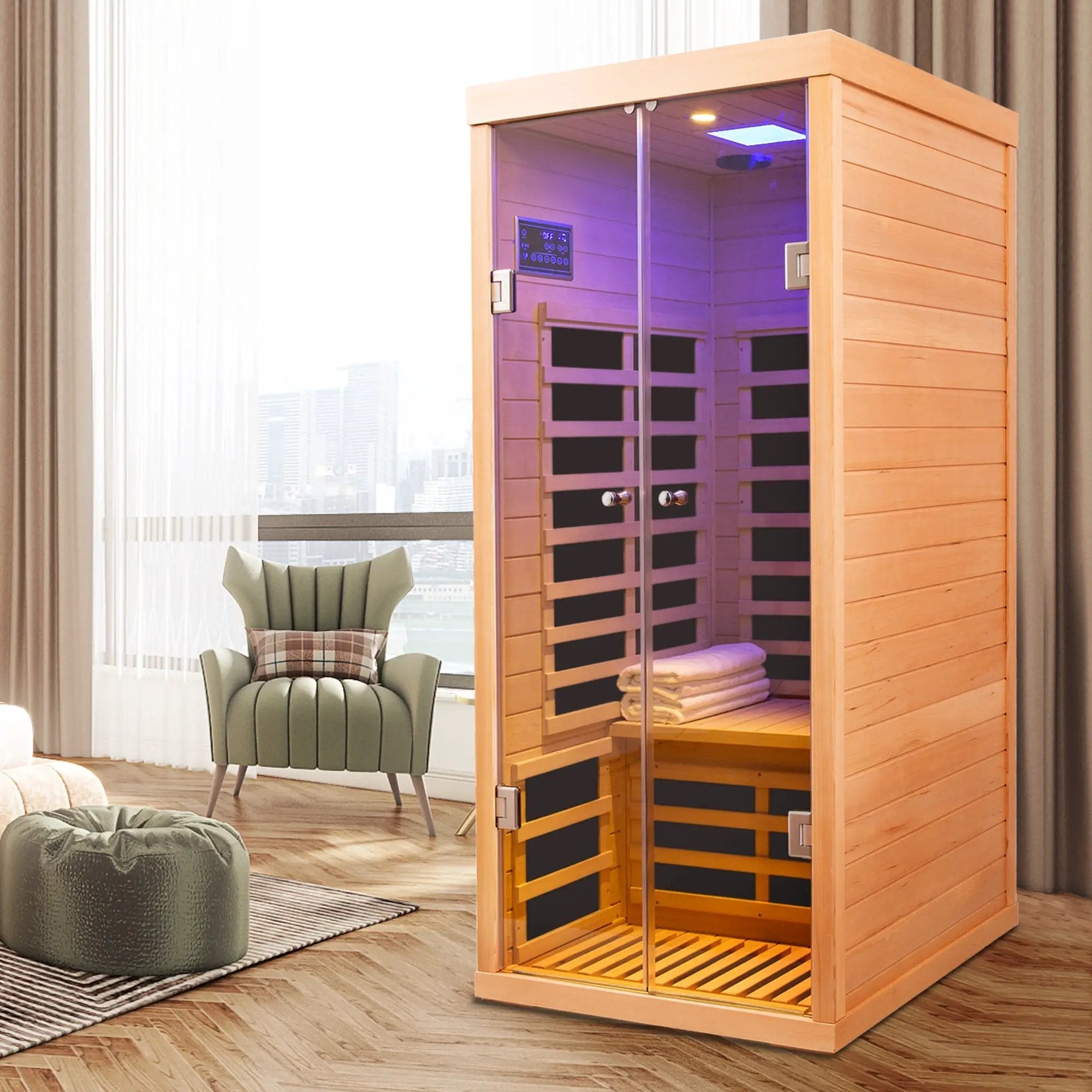Luxury Indoor Low EMF Far Infrared Sauna Room with Hemlock Wood and Glass Double Doors by HouseOfZazla
