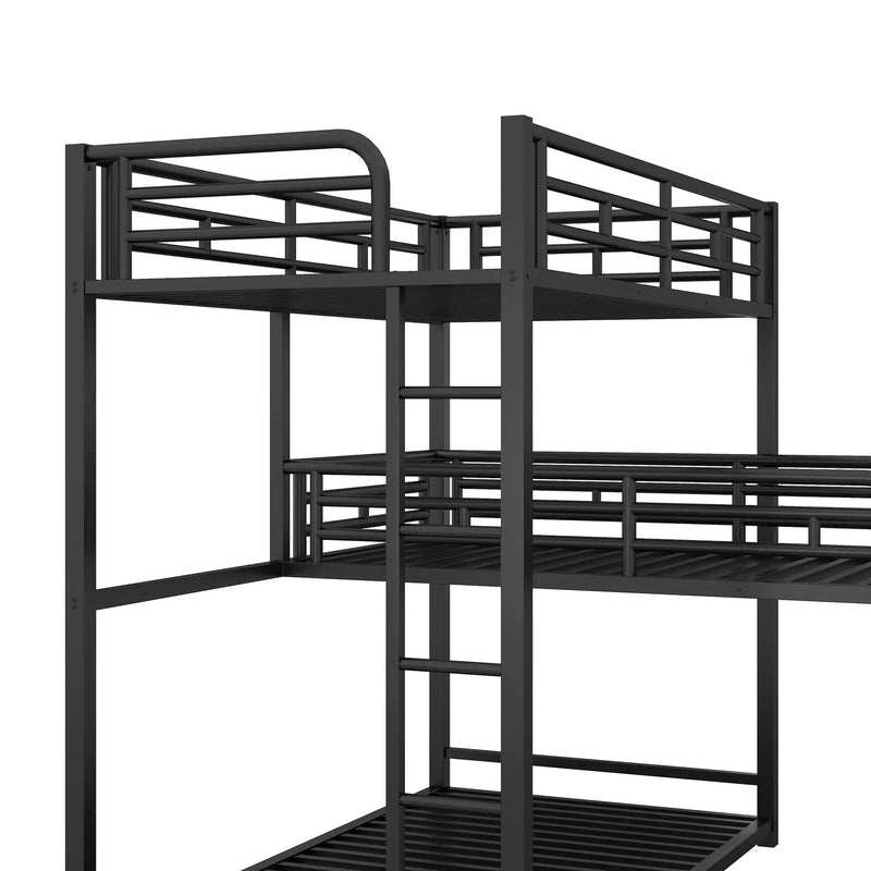 L-Shaped Triple Twin Size Bunk Bed, Industrial Design With Integrated Ladder And Full Length Guardrails - Black by HouseOfZazla