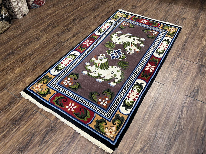 Chinese Art Deco Rug 3 x 5.5 with Animal Pictorials, Vintage Chinese Peking Wool Area Rug, Dark Puce Maroon Ivory, Hand Knotted Soft Carpet by Jewel Rugs