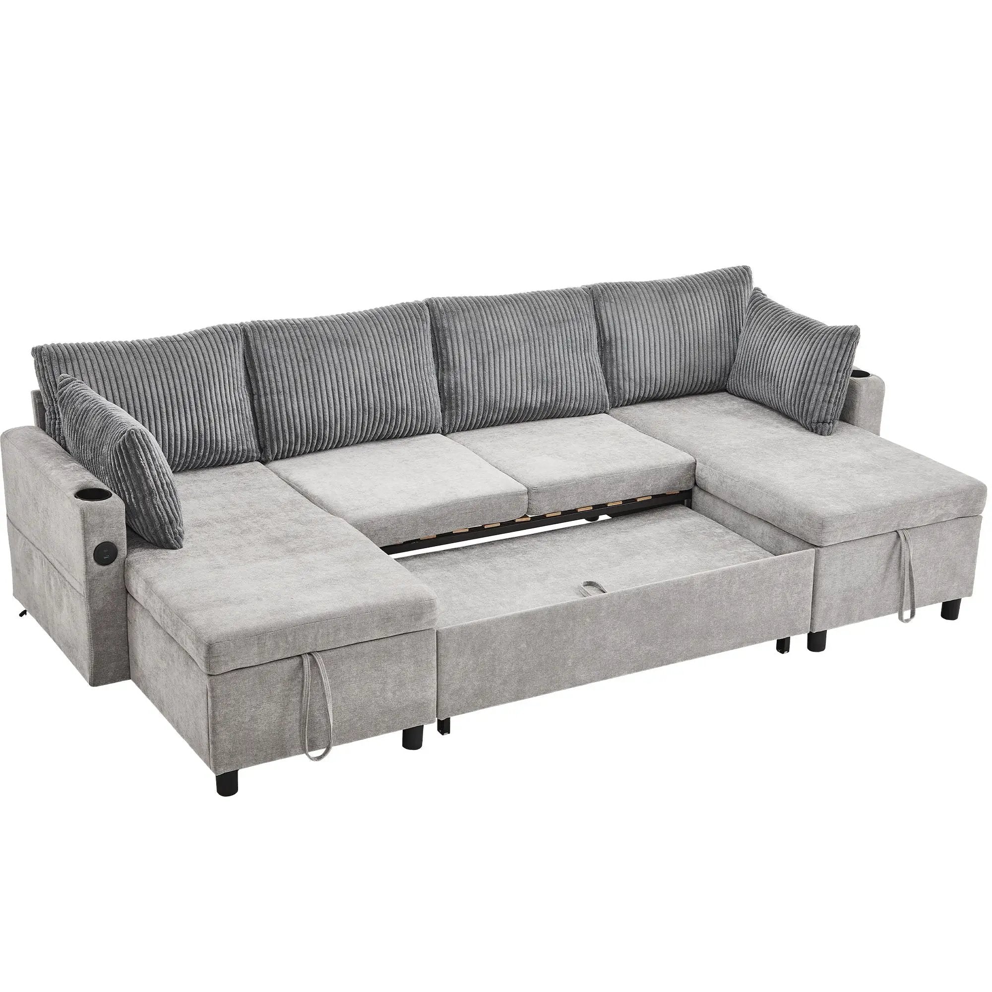 Sectional Sofa Bed With Pull Out Sleeper, USB Ports, Cup Holders by HouseOfZazla