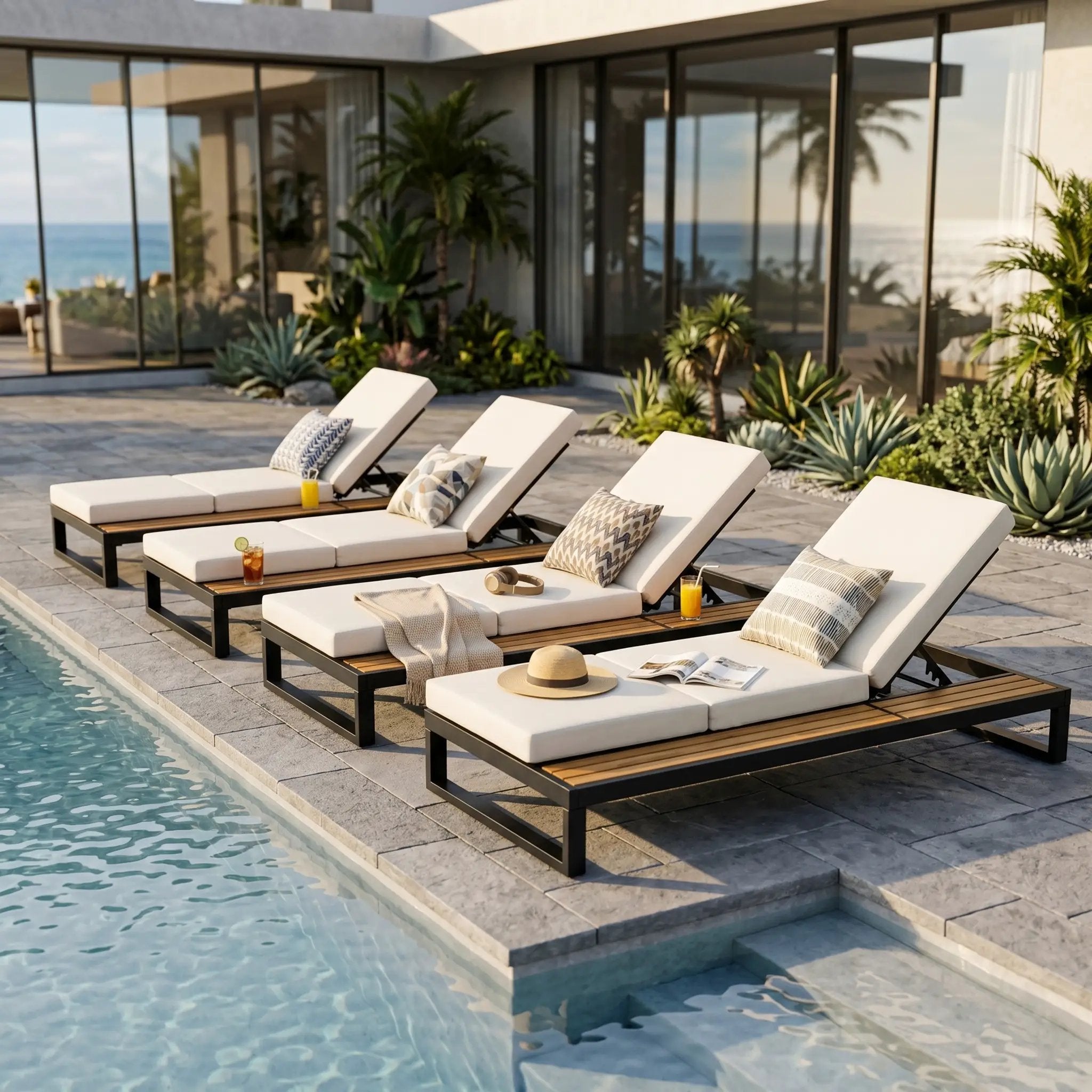 Black Iron & Teak Finish Chaise Lounge Set by HouseOfZazla