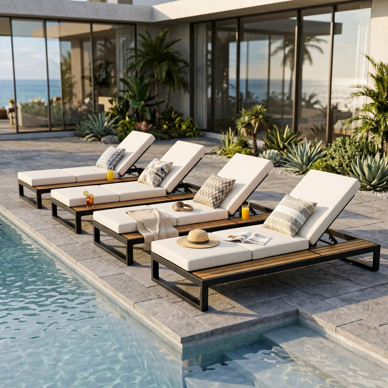 Black Iron & Teak Finish Chaise Lounge Set by HouseOfZazla