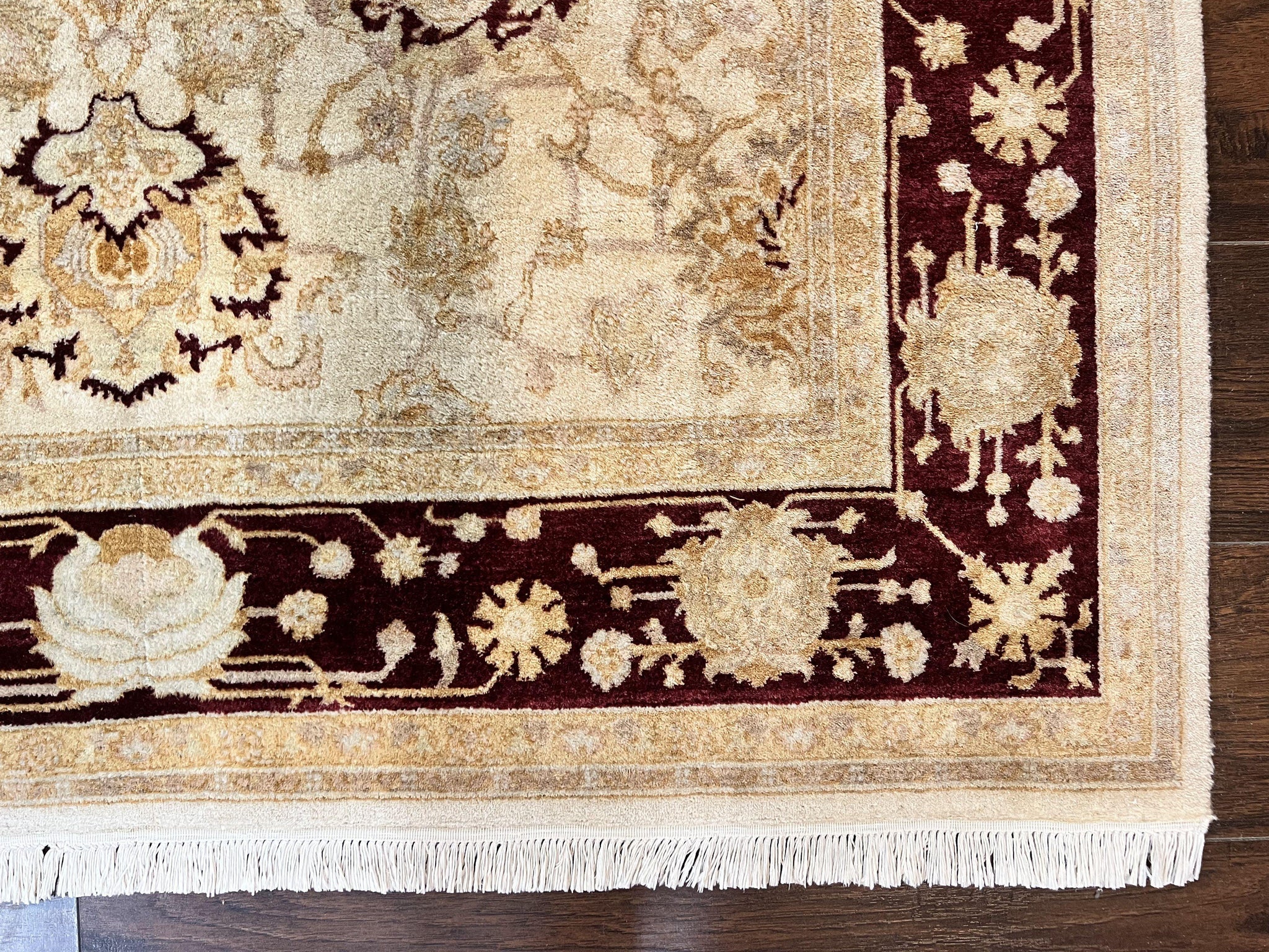 Peshawar Rug 5x7, Beige and Maroon, Vintage Handmade Wool Traditional Carpet 5 x 7 ft, Pakistani Rug, Agra Pattern, Very Fine 260 KPSI by Jewel Rugs