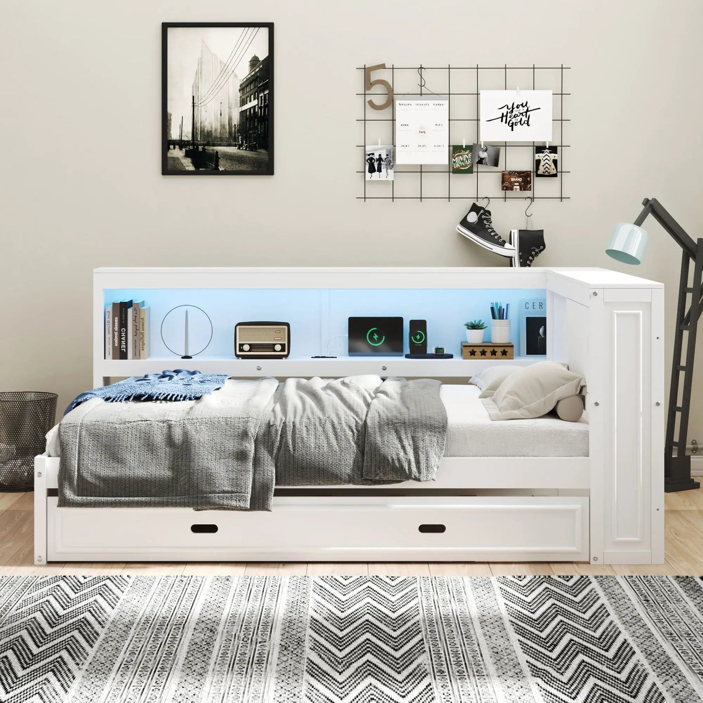 Daybed With Storage Shelves, LED, USB, And Trundle by Unique Piece Furniture