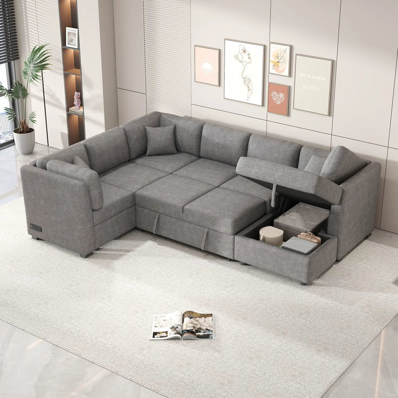 U-Shaped Sectional Sofa Pull Out Sofa Bed With Two USB Ports, Two Power Sockets, Three Back Pillows And A Storage Chaise For Living Room by Unique Piece Furniture