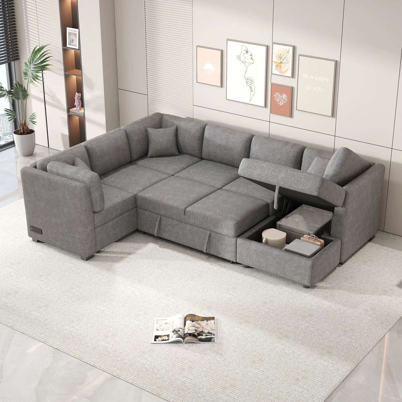 U-Shaped Sectional Sofa Pull Out Sofa Bed With Two USB Ports, Two Power Sockets, Three Back Pillows And A Storage Chaise For Living Room by HouseOfZazla