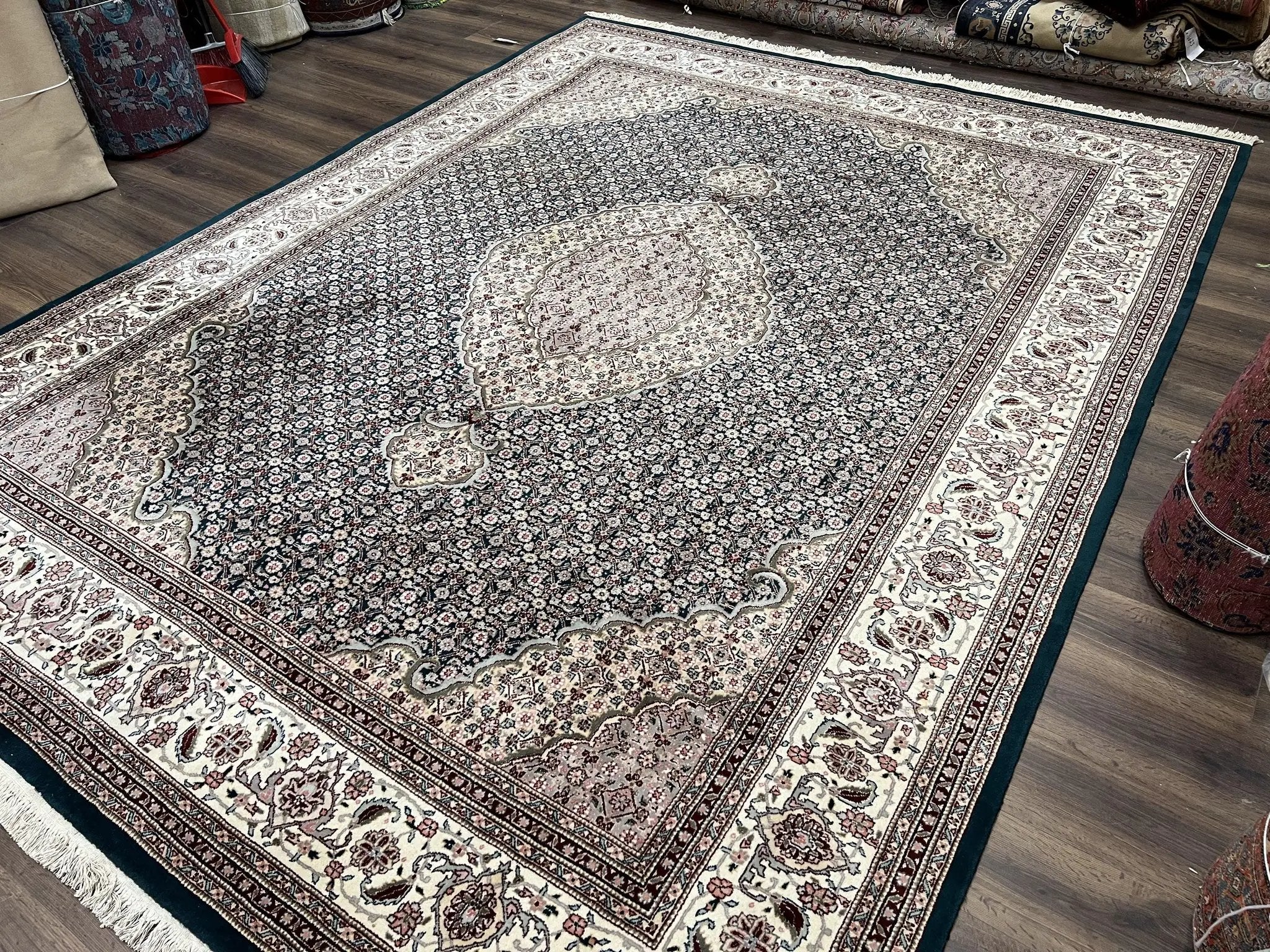 Sino Persian Rug 9x12, Dark Green and Ivory, Medallion, Mahi Herati, Elegant Oriental Carpet, Wool Hand Knotted Traditional Room Sized Rug by Jewel Rugs