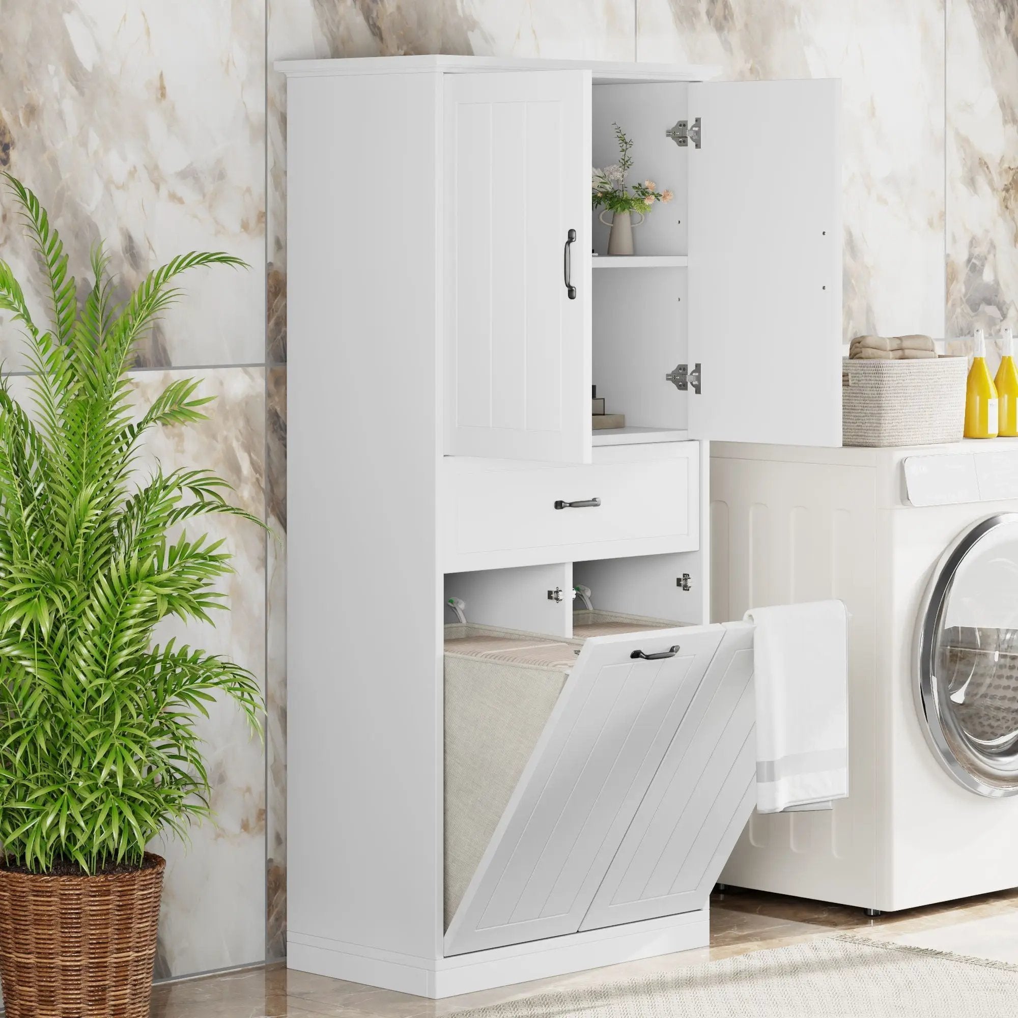 Modern Bathroom Storage Cabinet with Two Laundry Baskets, One Drawer, Adjustable Shelf by HouseOfZazla