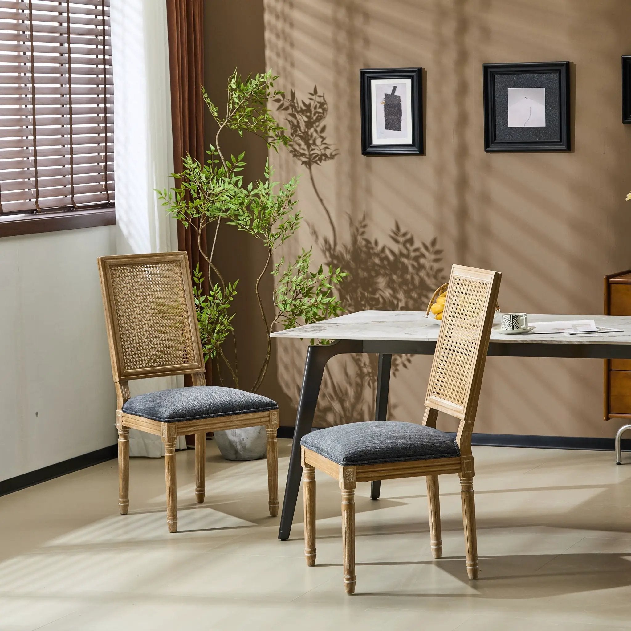 French Country Dining Chair With Rectangular Cane Backrest And Smooth Upholstered Seating by HouseOfZazla