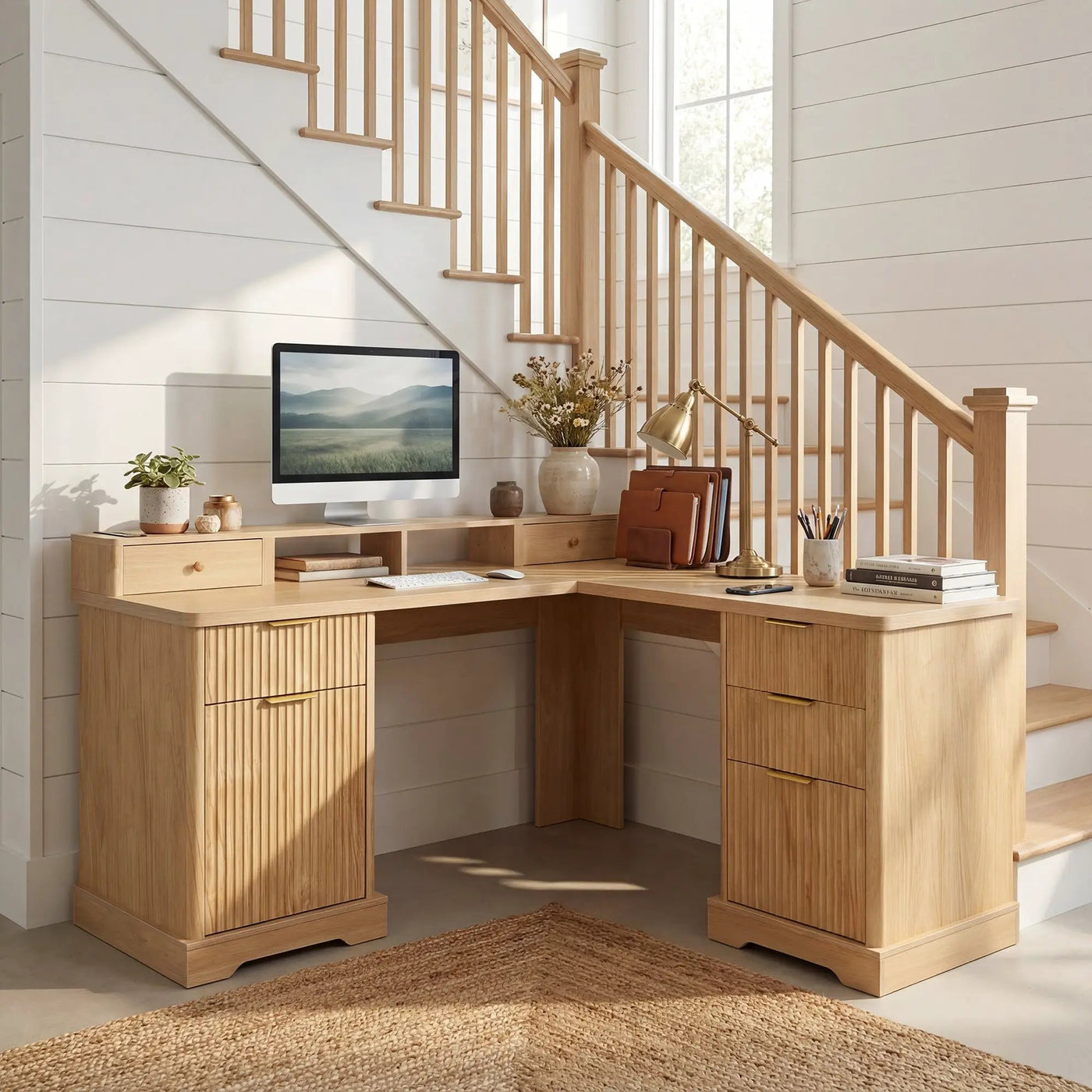 59" Modern Fluted L-Shaped Desk with Charging Station & Storage by HouseOfZazla