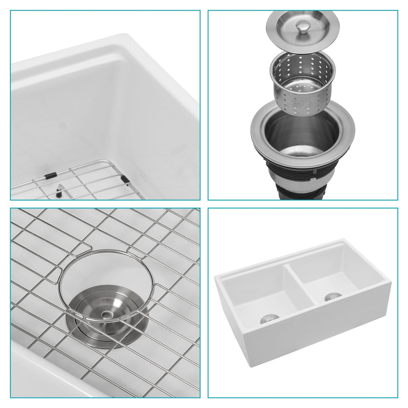Farmhouse Sink Workstation 33" Ceramic Double Bowl Kitchen Sink With Ledges - White by HouseOfZazla