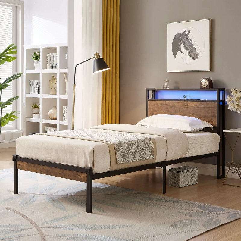 Twin Size Platform Bed Frame, LED Lights With Remote Control, USB Charging Port, Large Under Bed Storage - Black / Brown by Unique Piece Furniture