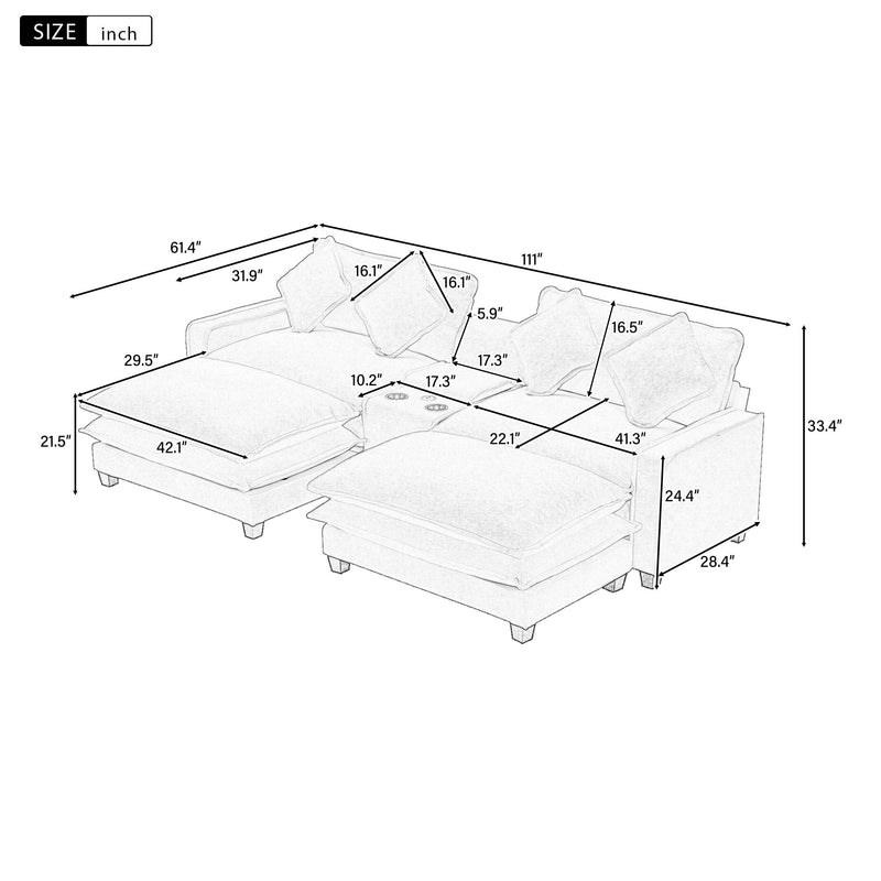 Sectional Sofa With Removable Ottomans, USB Ports, Cup Holders & Storage - Gray / Light Blue by HouseOfZazla