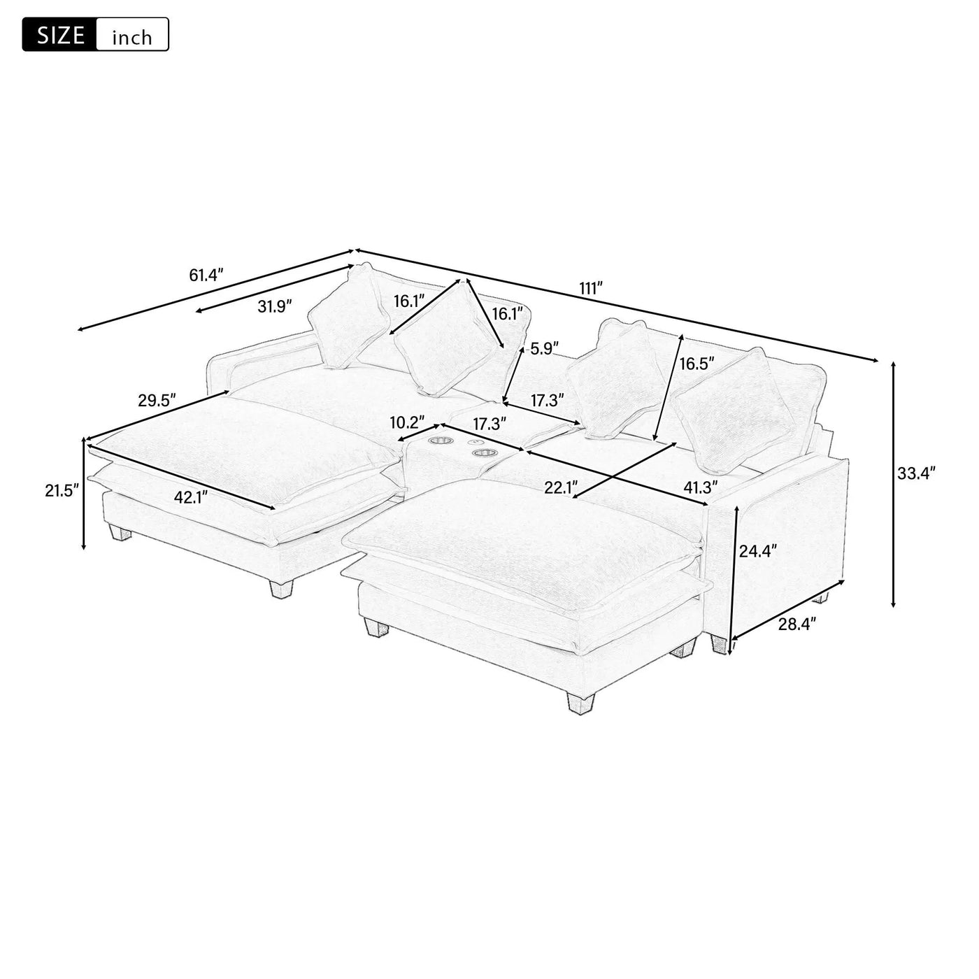 Modern Sectional Sofa With Removable Ottomans, USB Ports by HouseOfZazla