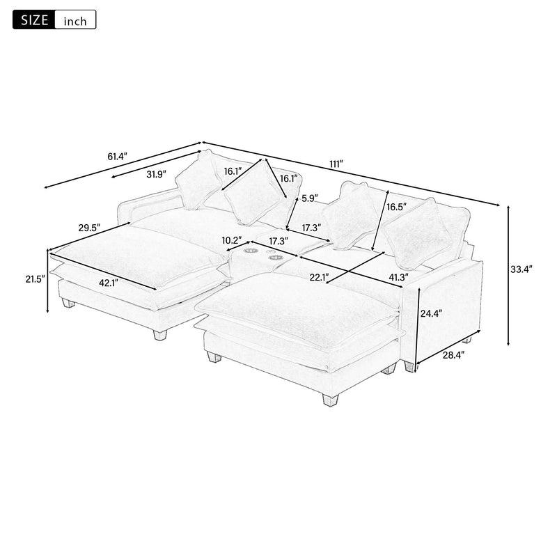 Modern Sectional Sofa With Removable Ottomans, USB Ports by HouseOfZazla
