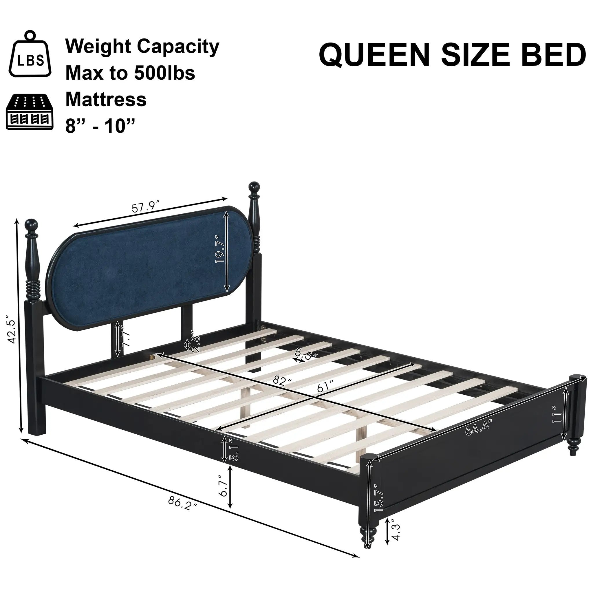 Queen Bed Frame, Solid Wood Platform with Slats by HouseOfZazla