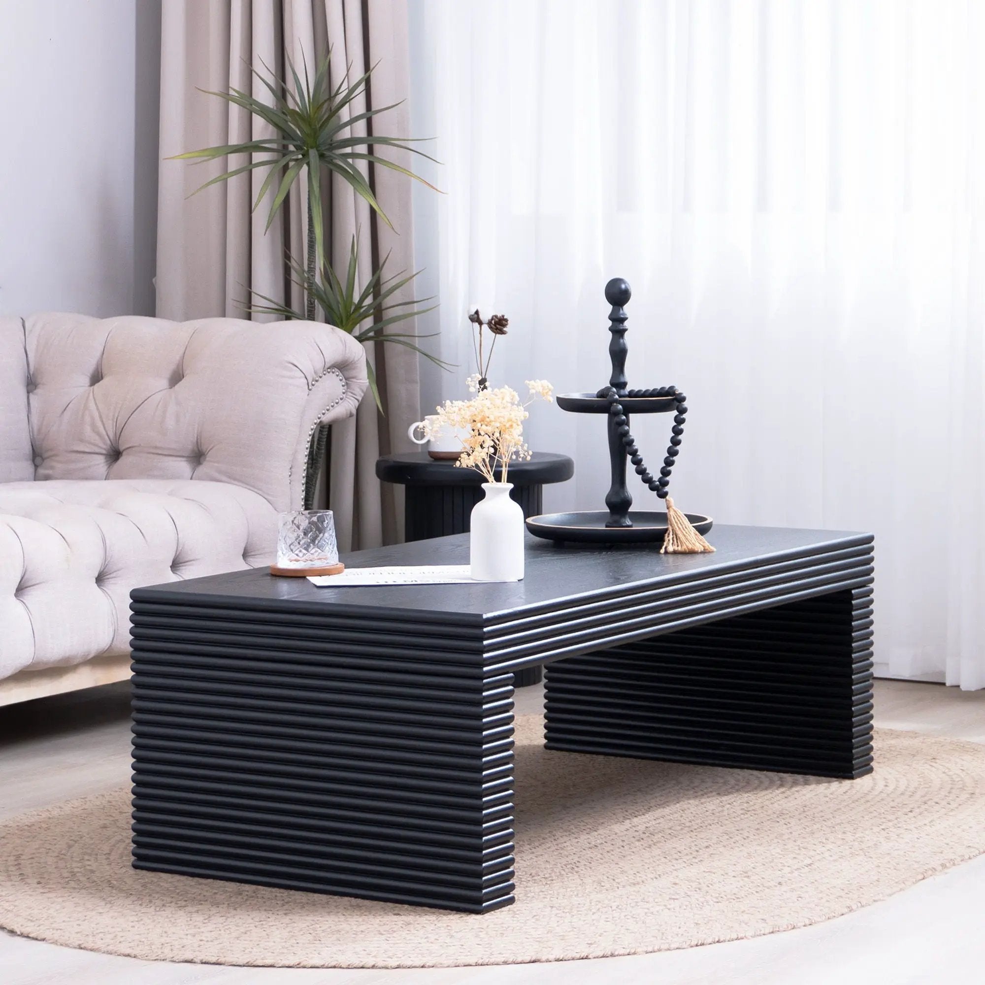 Modern Ribbed Coffee Table, Rectangular Low Profile Center Table For Living Room - Black by Unique Piece Furniture