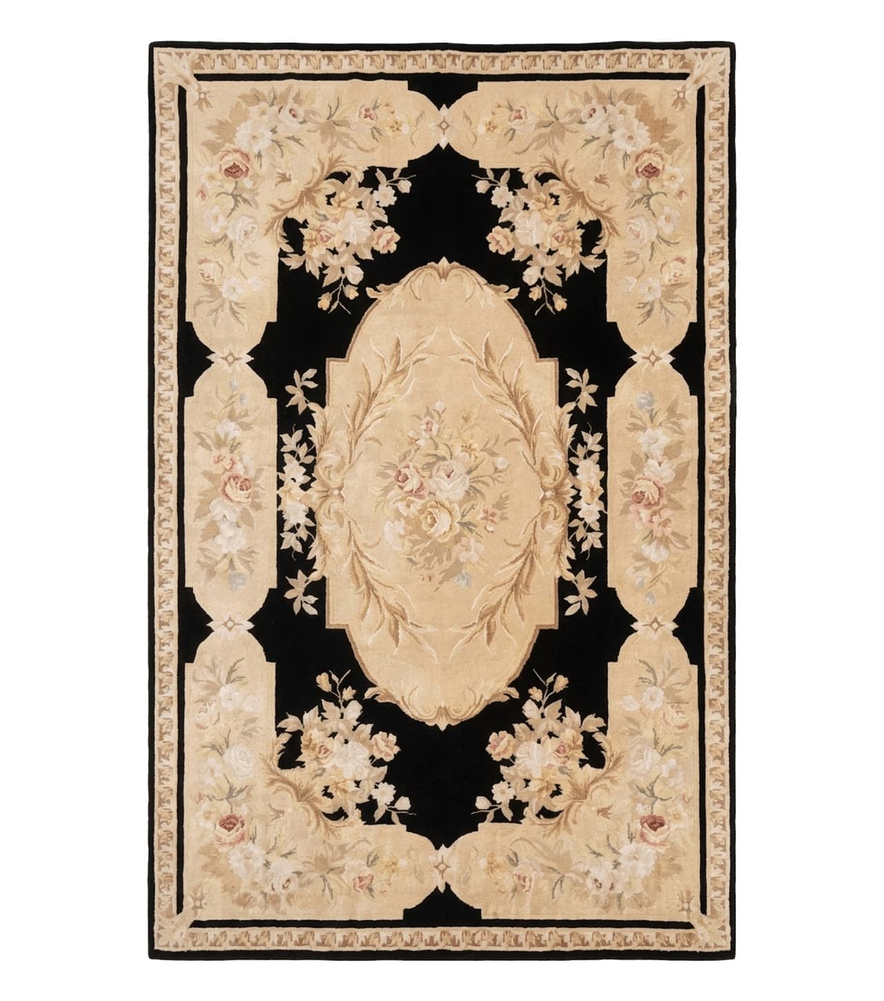 Chinese Aubusson Rug 6x9, Wool Pile, Black, Floral, Elegant by Jewel Rugs