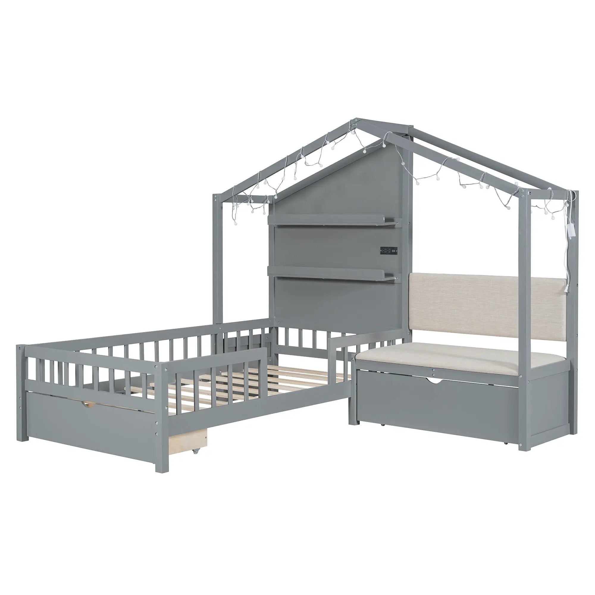 House Bed With Upholstered Sofa, Wireless Charging Station, Shelves And 2 Drawers