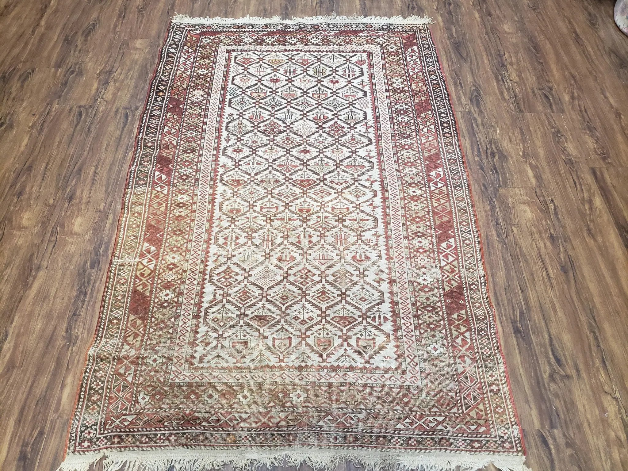 Antique Caucasian Shirvan Rug 4x6, Dagestan Area Rug, Wool Hand-Knotted Soft Red & Ivory 1920s Oriental Carpet, Soft Muted Colors by Jewel Rugs