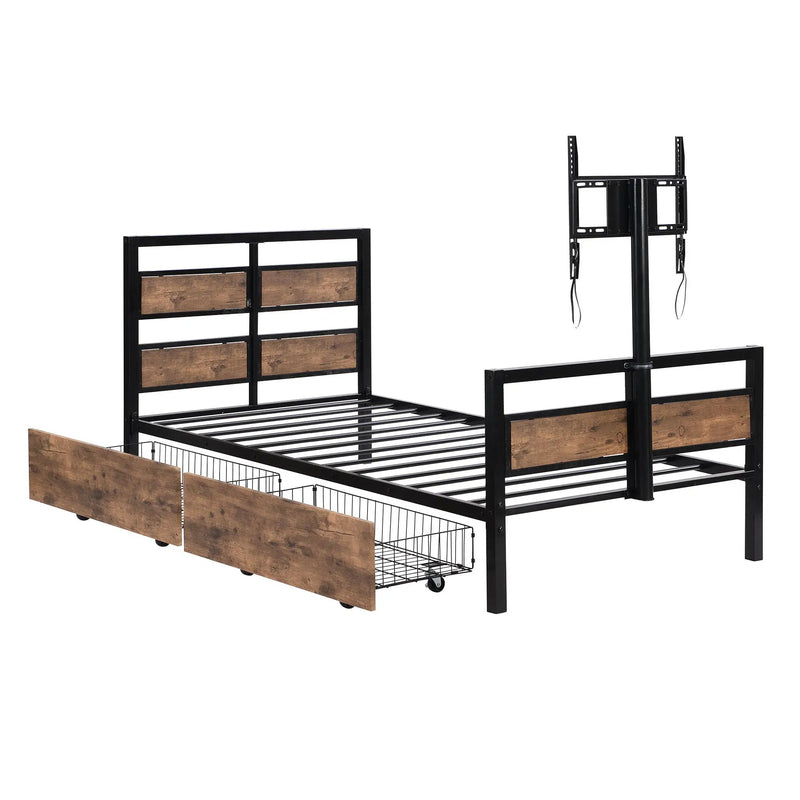 Twin Size Platform Bed With Headboard And Footboard, 2 Storage Drawers And Rotatable TV Stand - Black by HouseOfZazla