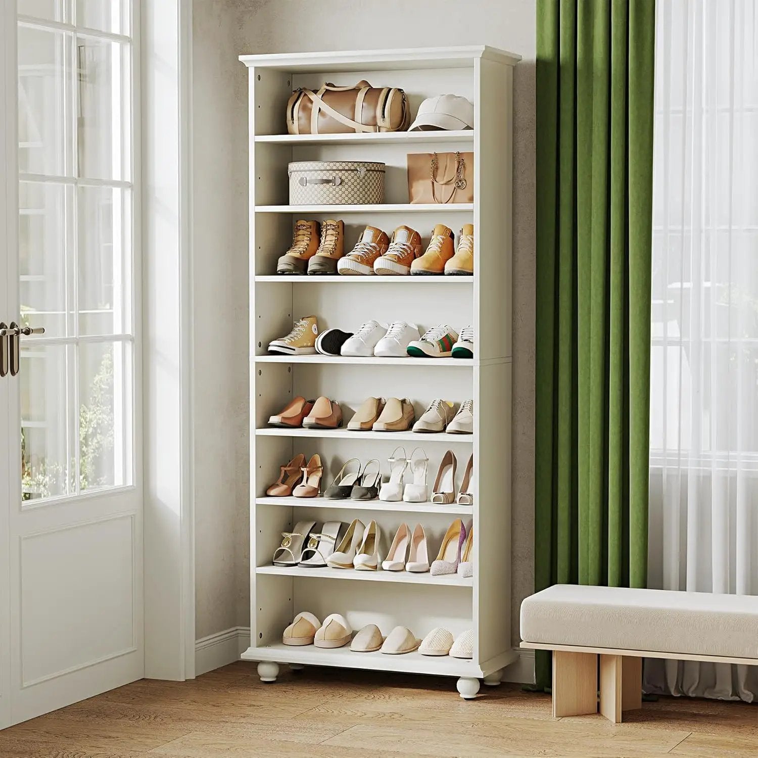 8 Tier Led Illuminated Shoe Cabinet With Adjustable Shelves, Storage Rack For 26 Pairs - White by HouseOfZazla
