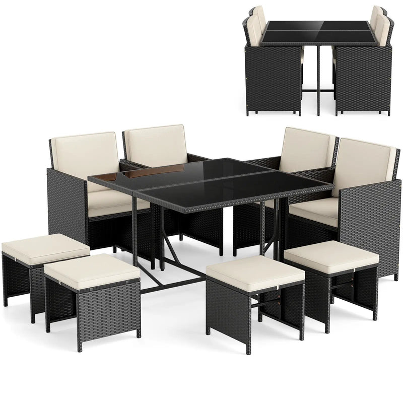 9 Piece Patio Dining Set with Tempered Glass Table and Ottoman by DirectDeals